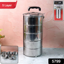 5 Compartment Lunch Box (Stainless Steel): Round Tiffin, Leakproof (16x5